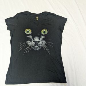 Black Cat Printed Short Sleeve V-Neck T-shirt Large Stretch Halloween